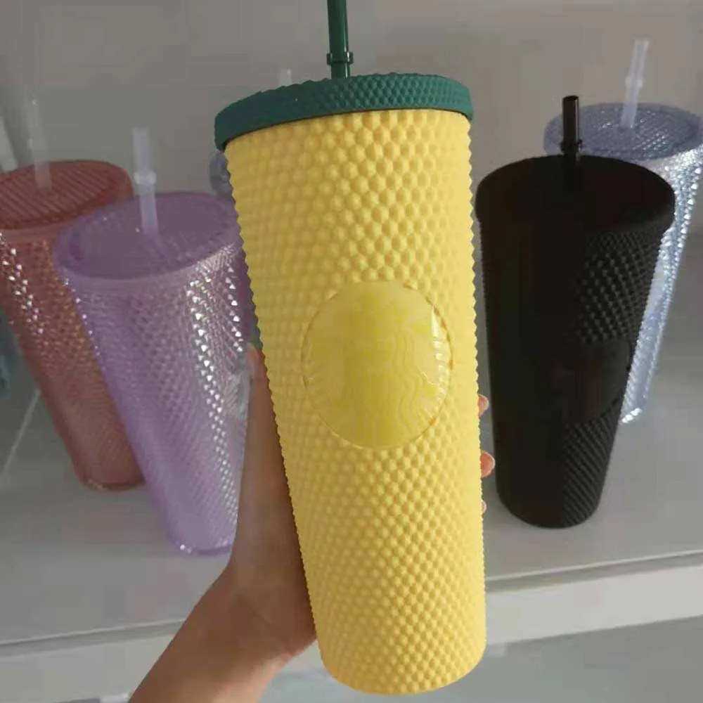 Tumblers 710ml 개인화 된 스타 벅스 컵 무지개 빛나는 블링 무지개 유니콘 스터드 콜드 컵 텀블러 커피 머그와 밀짚으로 1638