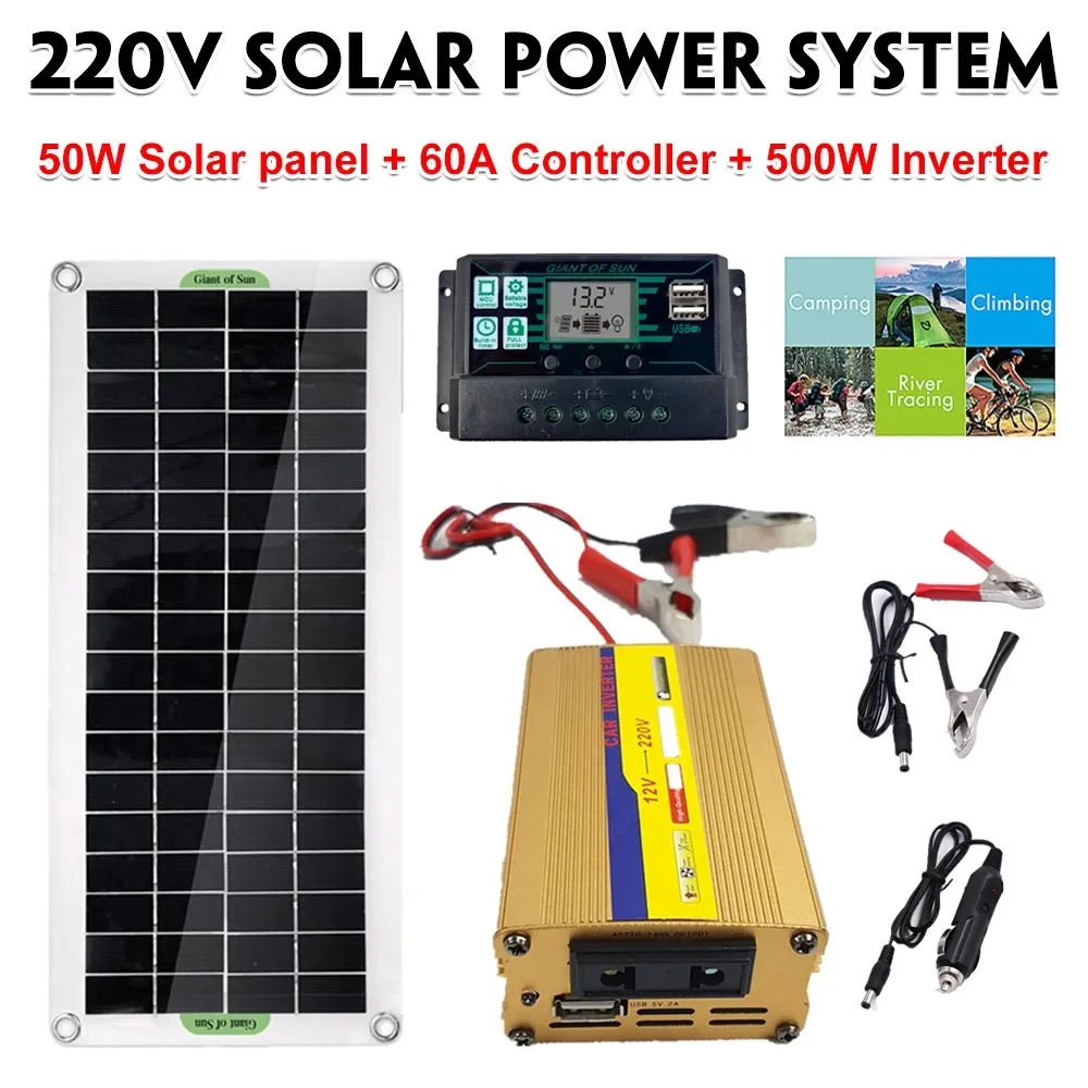 220V Solar -Kraftsystem 50W -Panel 500W Wechselrichter 60A Controller Kit Batterie Ladegerät -A2443