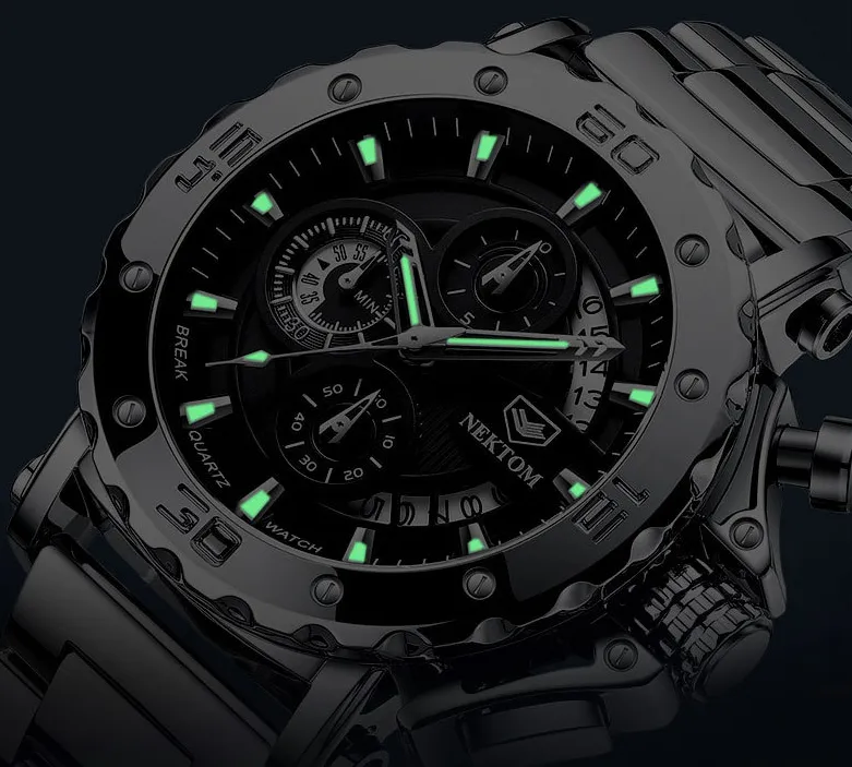 NEKTOM 316L acier inoxydable qualité cadran et bracelet montre pour hommes creux mystère lumineux montres à quartz temps de voyage précis élégant 2166