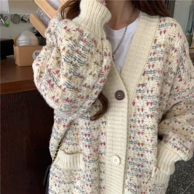 Ezgaga Knitted Sweater Jumper Winter New-coming V-Neck Thick Vintage Long Sleeve Cardigan Ladies Tops Warm Loose Fashion 210430