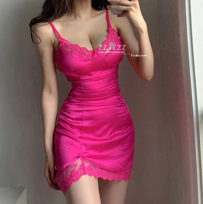 Fiori ricamo Rose Pink Mature Sexy Lady Lace Mesh Women Girl senza spalline V Split irregolare Tank Mini Dress Abiti T247 210603