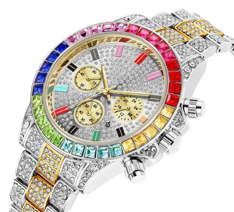 Pintime Luxury Colorful Crystal Diamond Quartz Battery Date Mens Watch Decorative Three Subdials Shining Watches Factory Direct W270D
