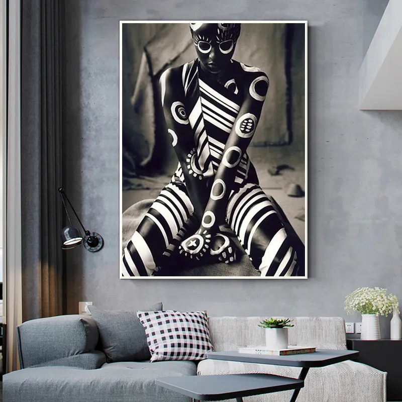 Póster de mujer africana con patrón blanco y negro, pintura en lienzo impreso en HD, figura única, imágenes artísticas de pared, decoración para sala de estar, Mural4612663