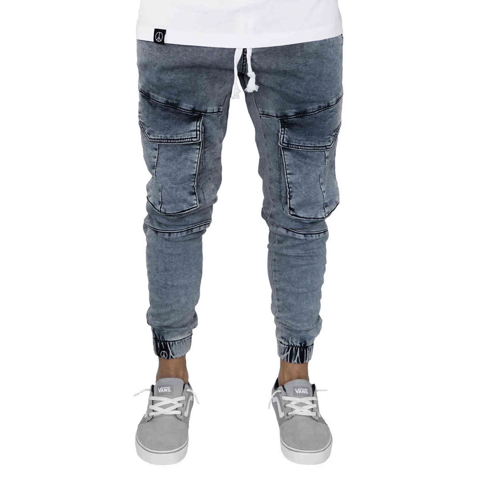 Mens jeans met zijzakken Denim Trouser Slim Fit Elastische Taille Broek Calca MotocicLista 211111