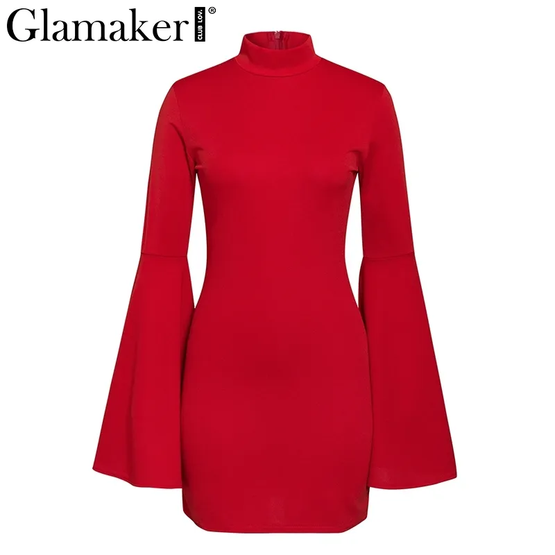 Glamaker Robe rouge à manches longues à manches longues Femmes élégantes mini robe courte fête boîte de nuit sexy robe d'été moulante rétro 210412