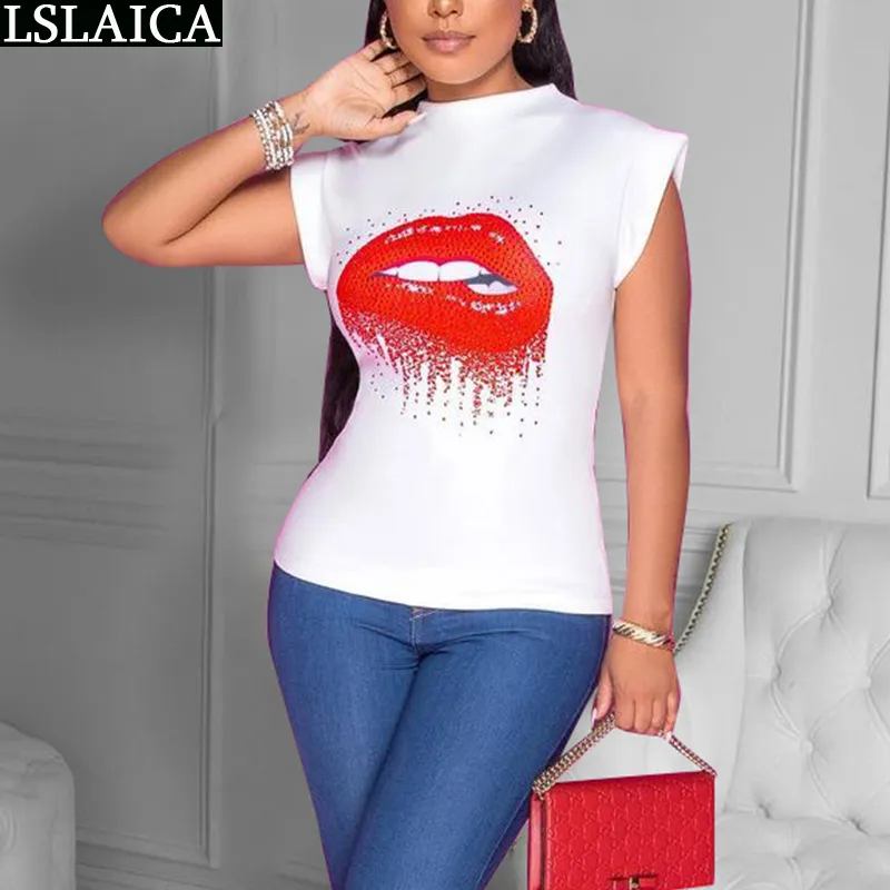 Wholesaledrop Beyaz T-shirt Kısa Kollu Yuvarlak Boyun Ince Bayanlar Tops Dudaklar Baskı Moda Rahat Örme Kadın Tişörtleri 210515