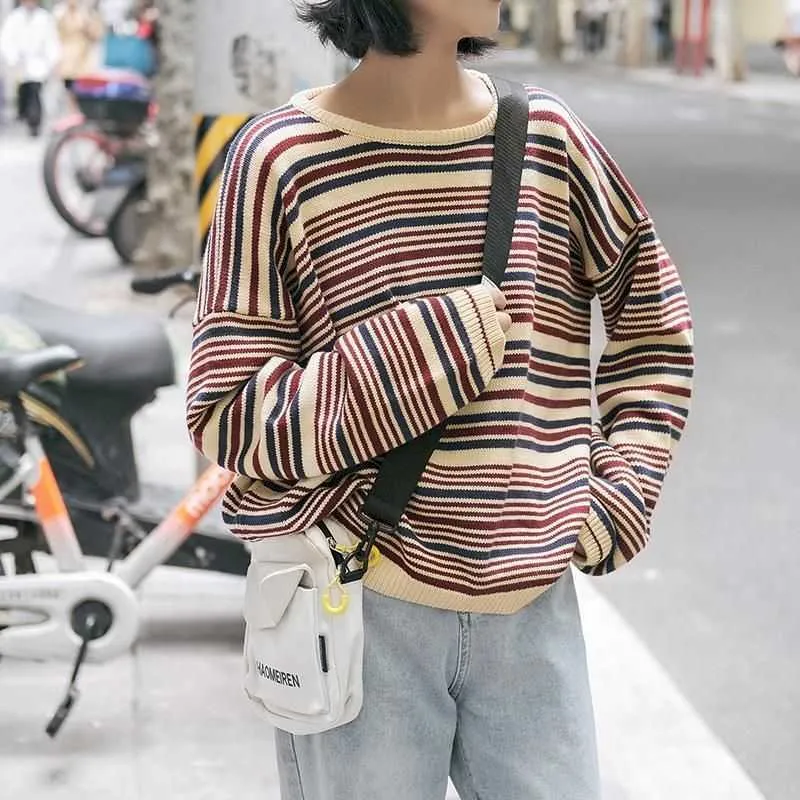 Свитер женский стиль колледжа осенью и зимний полосатый контрастный свитер девушка студент корейская версия свободно дикий тонкий вяз 210526