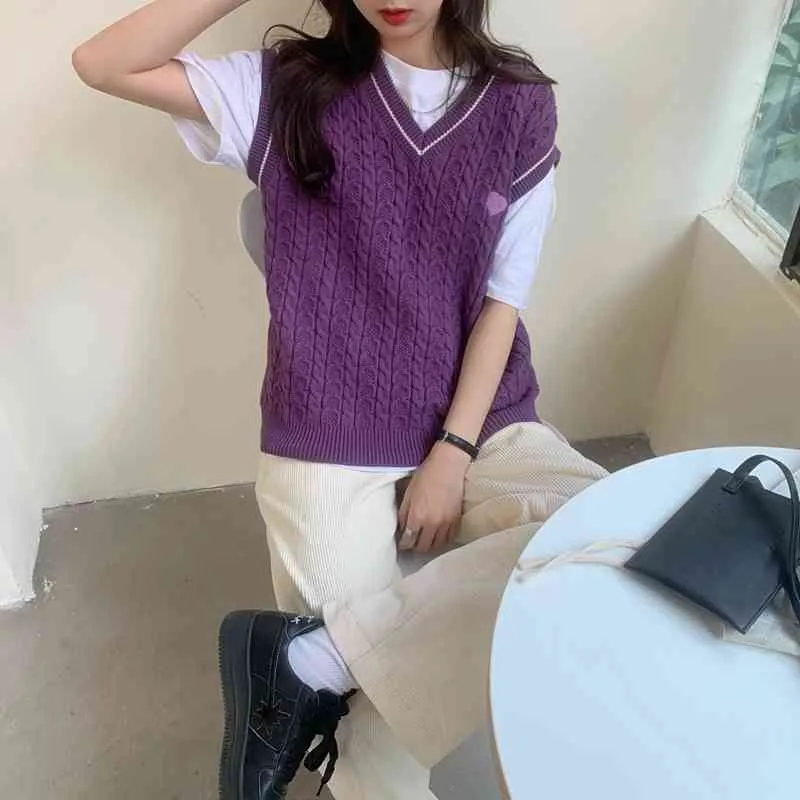 Purple Embroidery Hearts Vest Retro Loose Vintage Women's V-neck Pullover Streetwear Knitted Sweater Tops 210421