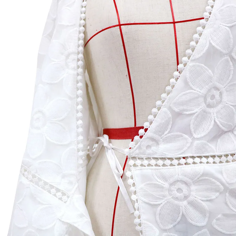 Föridol vit spets wrap kort klänning ren ihålig ut flare långärmad brousodery Praty klänning elegant damer kort klänning vestido 210415