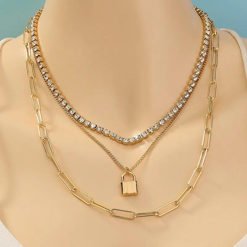 Or serrure pendentif colliers multicouches empilables glacé chaînes tour de cou collier collier pour femmes mode bijoux volonté et sable