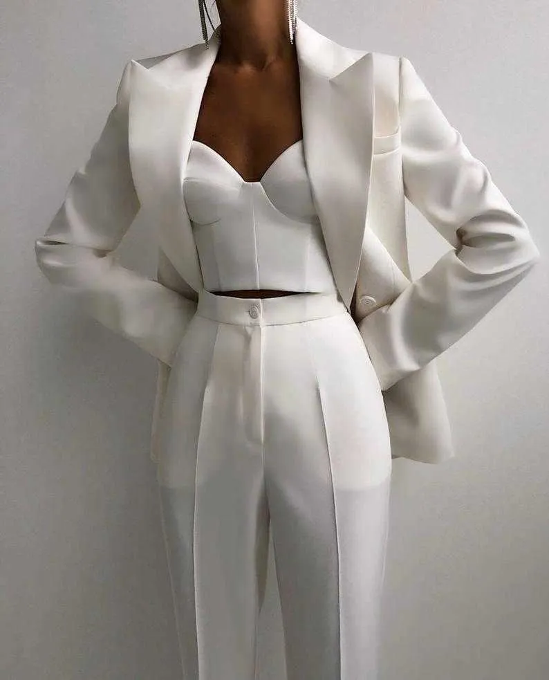 Seksowne kobiety garnitur niestandardowy moda elegancka szczytowa lapel blezer 2 sztuki kurtka + spodnie Smart Casual Daily Wear 211006