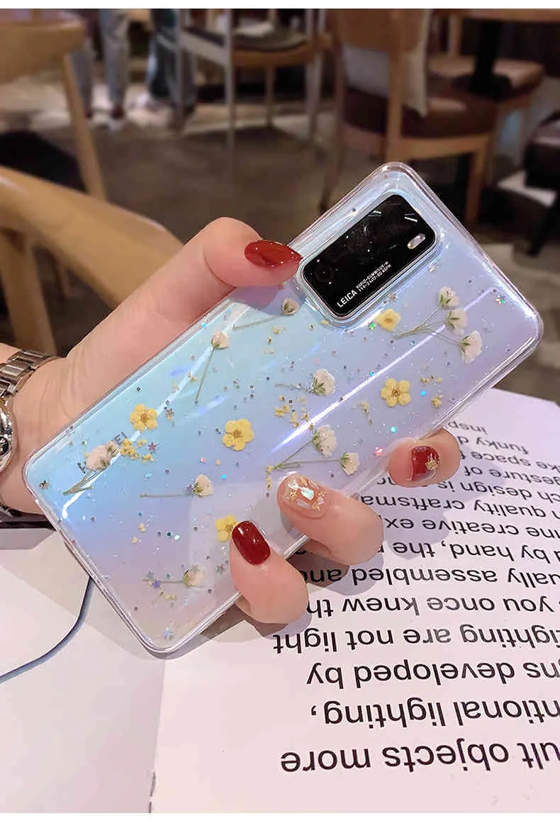 Veri fiori secchi pressati Custodie glitterate trasparenti Xiaomi Redmi Note 10 9Pro 10S 9S 8 7 Mi 10T Cover posteriore morbida telefono