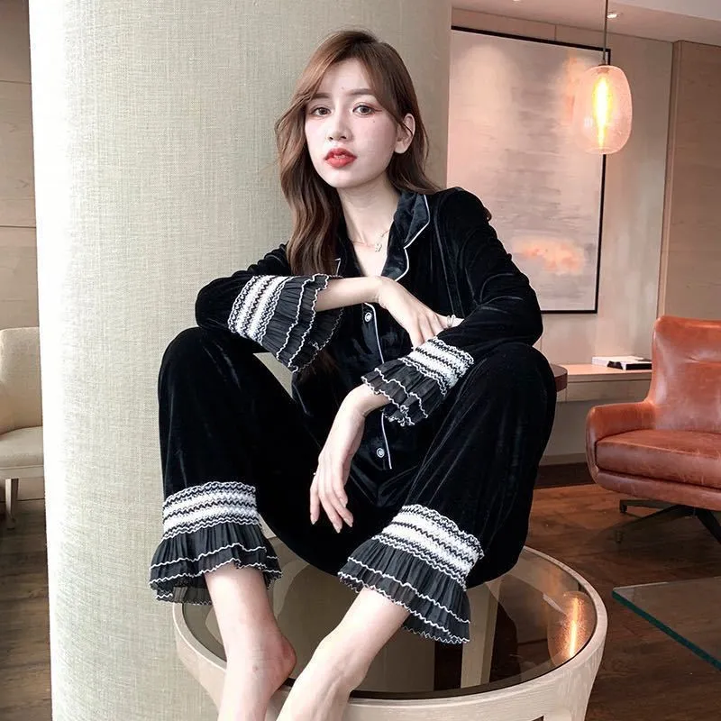 Samt Spitze Spleißen Elegante Pyjama Sets Langarm Top + Hose Nachtwäsche Frauen Koreanische Stil Frühling Schwarz Weiß Pijama Hause anzug 210421