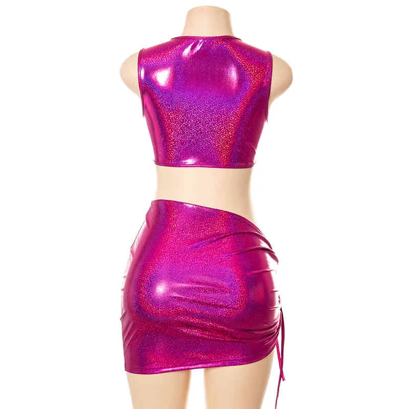 Glitter Sexy Hollow Out Sleeveless Bandage Mini Skirts Outfits Night Club Birthday Prom Party Crop Top Set Women Bodycon Clothes 210517