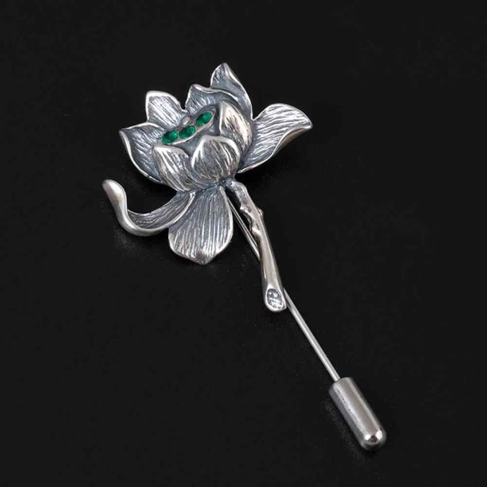 Spersonalizowany Antique 925 Sterling Silver Flower Fineery Pin Green Cyrkon Lotus Men Suit Accessories Wedding Broszka