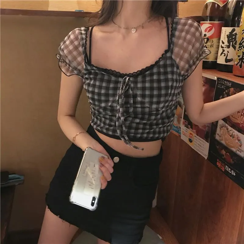 Zomer plaid blouse dames retro vierkante sleutelhemd casual kant chiffon puff puff mouw crop tops vrouwelijke Korea kleding 210401