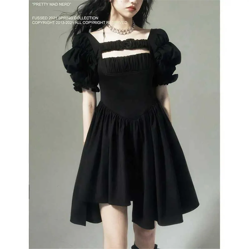 Gothic Bandage Irregular Dress Woman Party Clothing Black Hip Hop Dress Korean Style Kawaii Lolita Puff Sleeves Vestido Vintage 210619