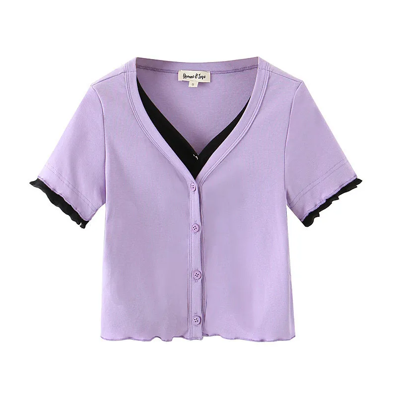 女性夏のトップスカジュアル太郎紫色の偽の2つの愛ボタン半袖カールシャツカーディガン210514