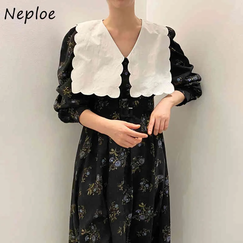 Hit Color Patch Vintage Big Turn Down Collar Dress Dames Hoge Taille Heup A Line Vestidos Pullover Lange Mouw Print Robe 210422