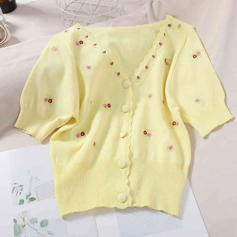 Korobov Fashion Aging Embroidery Fresh and Versatile Thin Knit Cardigan Female Korean Version of The Wave Side V-neck Sweet Top 210430