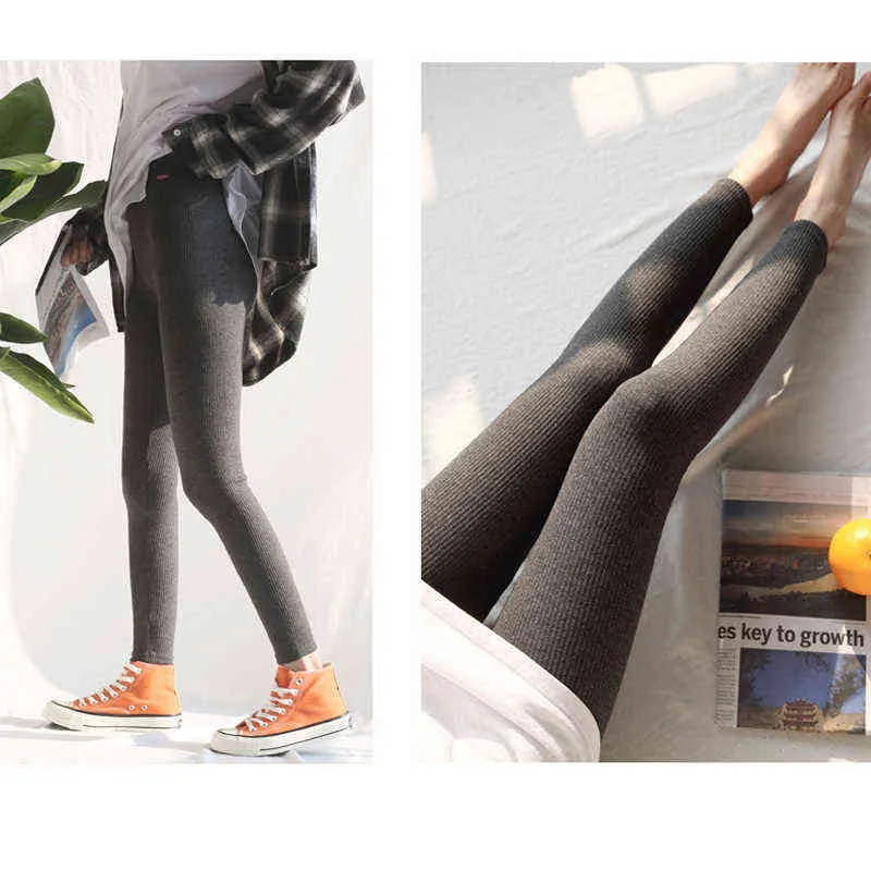 Pantaloni a vita alta in puro cotone sportivo e il tempo libero da donna primavera autunno Il filo verticale è sottile leggings a nove punte di grandi dimensioni 211216