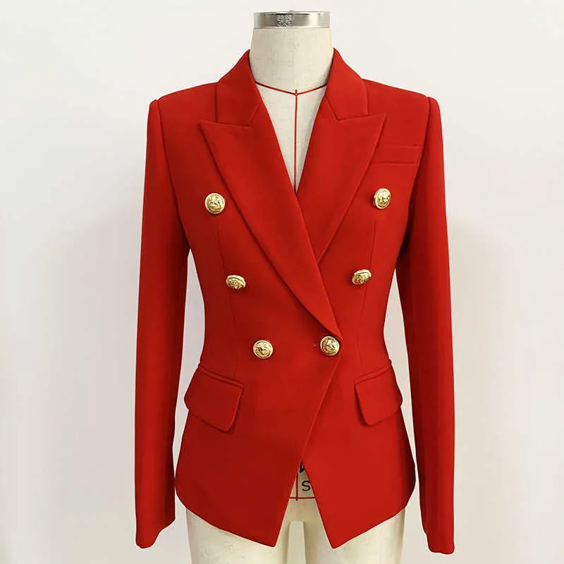 本物の赤い女性のブレザーフォーマルな女性のジャケットクラシックゴールドダブルブレストボタンホワイトブラックブレザー高品質211006