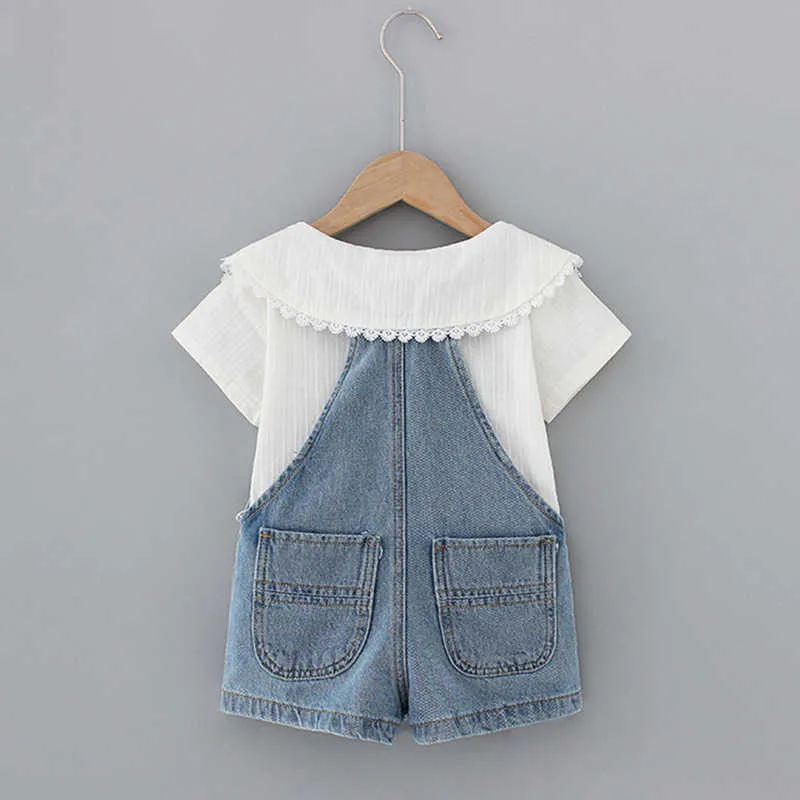 Zomer kids meisjes 2-pcs sets witte boog Peter pan kraag shirts + denim overalls schattige stijl kleding E0223 210610