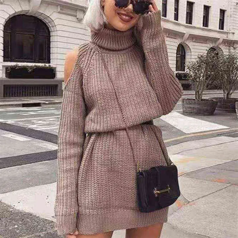 Women Fashion Hollow Out Sweater Mini Dress Winter Solid Long Sleeve Party Dress Elegant Turtleneck Sexy Off Shoulder Knit Dress Y1204