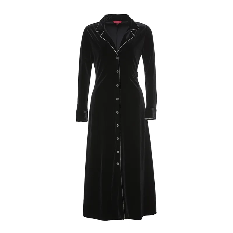 Otoño Invierno negro mujer Vintage de manga larga de un solo pecho con muescas largo señora elegante vestido de terciopelo acampanado 210416