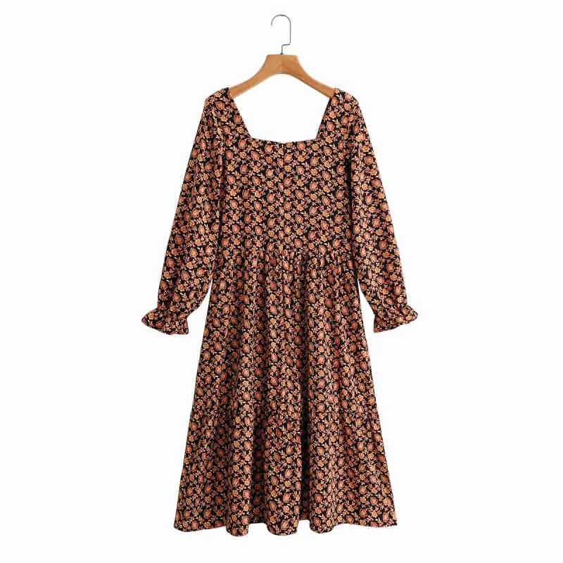 Vintage vrouw bruin print vierkante kraag lange jurk lente mode dames gedrapeerd es vrouwelijke elegante vakantie 210515