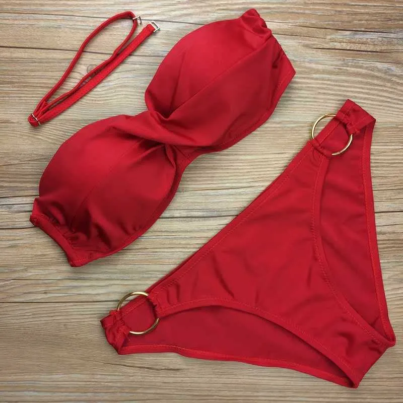 Brasilianska Biquini Sexiga Push Up Badkläder Ring Design Beach Swim Wear Bandeau Stropless Bikini Set Maillot de Bain de 210624