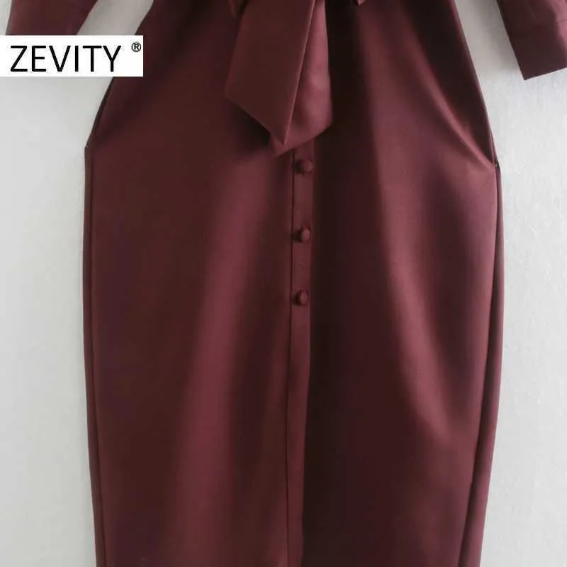 Zevity Frauen Vintage Solid Breasted Bow Tied Sashes Midi Kleid Femme Batwing Sleeve Casual Slim Vestido Chic Kleidung DS4627 210603