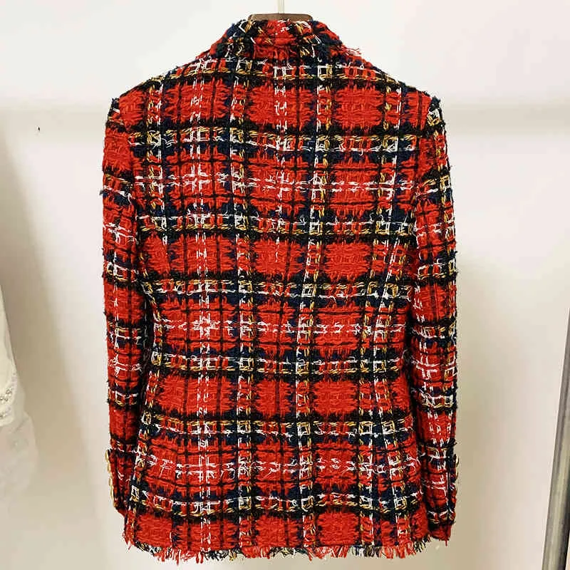 DEAT Femmes Rouge Patchwork Plaid Fringe Blazer Nouveau Cranté À Manches Longues Slim Fit Veste Mode Marée Printemps Automne 7E0824 210428