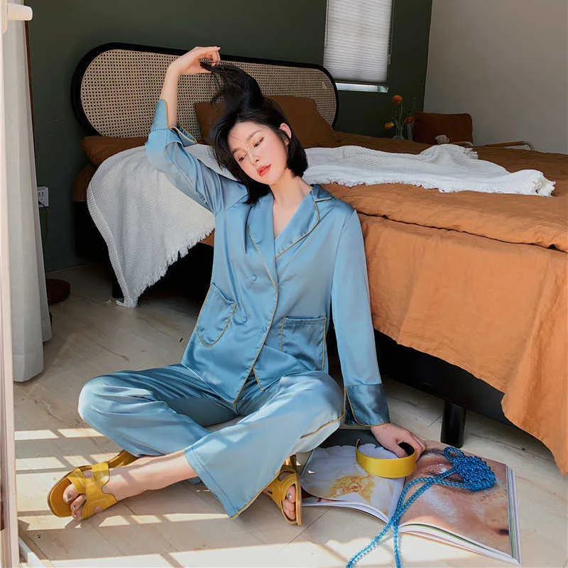 JULY'S SONG Faux Silk Pajamas Set Spring Summer Woman Sleepwear Casual Long-sleeved Trousers Satin Female Homewear 210809