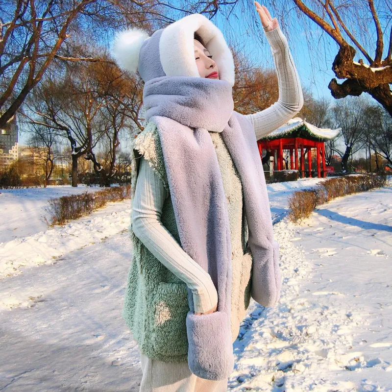 Lovely Plush Ball Hat Female Ear Protection Warm Scarf Gloves In Autumn and Winter One Scarf