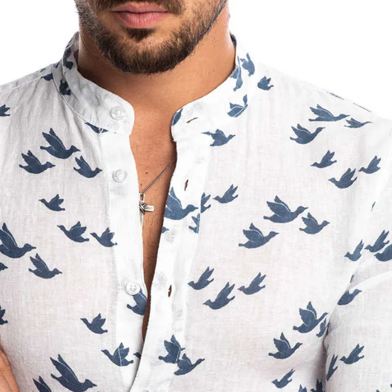 Męskie Moda Dorywczo Drukowane Koszule Social Summer Hawajski Slim Fit Button Down Koreański Cut Collar Z Długim Rękawem Mężczyzna Business Beach 210626