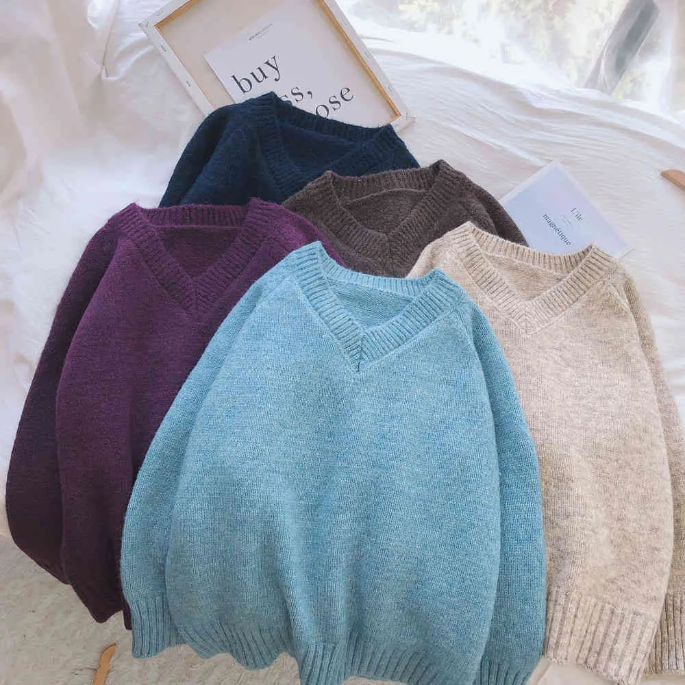 Höst Vinter Kvinnor V Neck Sweater Oversize Ull Varm Pullovers Långärmad Cashmere Loose Jumper Stickad Sweater Topp 210420