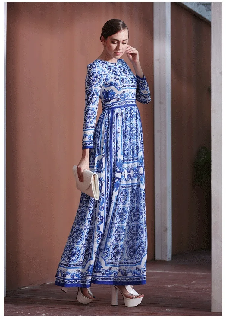 Robe de piste de créateur de mode printemps automne femmes robe à manches longues classique bleu et blanc robes d'impression en porcelaine 210524