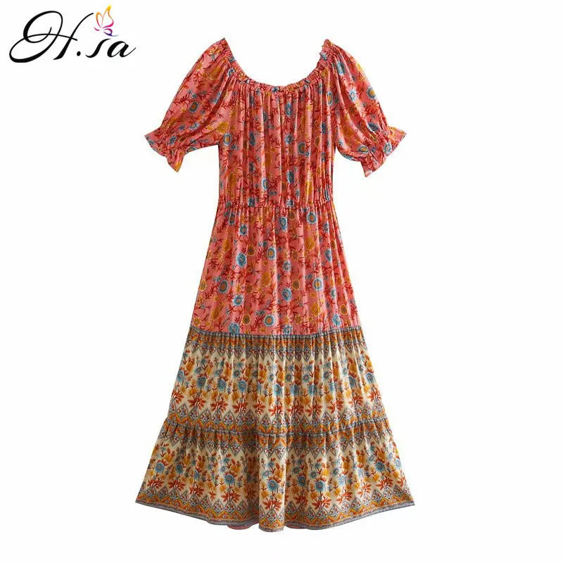 H.SA Retro Short Sleeve Floral Slash Neck Off Shouder Women Sexy Dress Patchwork Bohemian Long Vestidos 210417