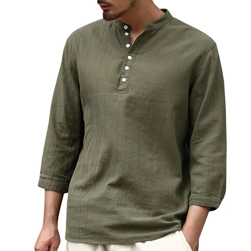 Mens Cotton Linen Henley Shirt Casual 3/4 Sleeve Pullover Shirt Men Lightweight Button Casual Top Blouse Male Chemise Homme 3XL 210522