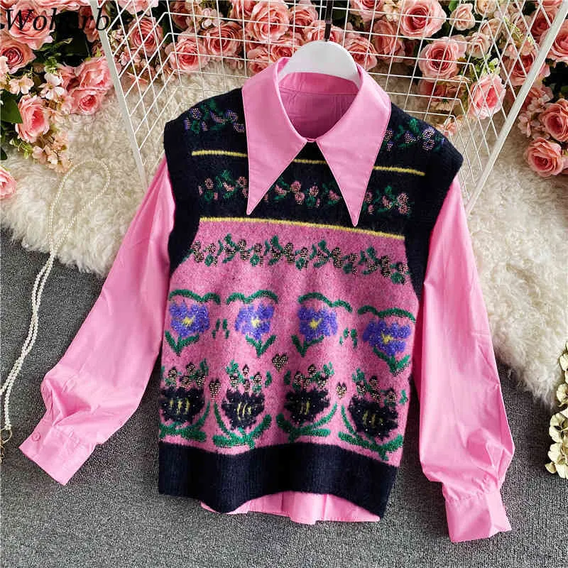 Vintage Crochet Floral suéter chaleco cuello redondo sin mangas coreano tejido chaleco suelto Color sólido camisa camisetas sin mangas 210422
