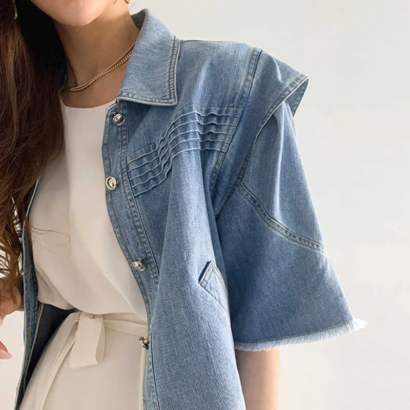 Korejpaa Dames Jassen Zomer Koreaanse Chique Dames Vintage revers geplooid single-breasted Design Losse Denim Jacket 210526