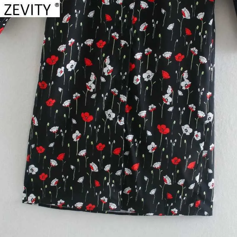 Zevity Women Fashion Flower Print Bröstad Straight Shirt Klänning Kontor Lady Slå ner Långärmad Casual Business Vestido DS4750 210603