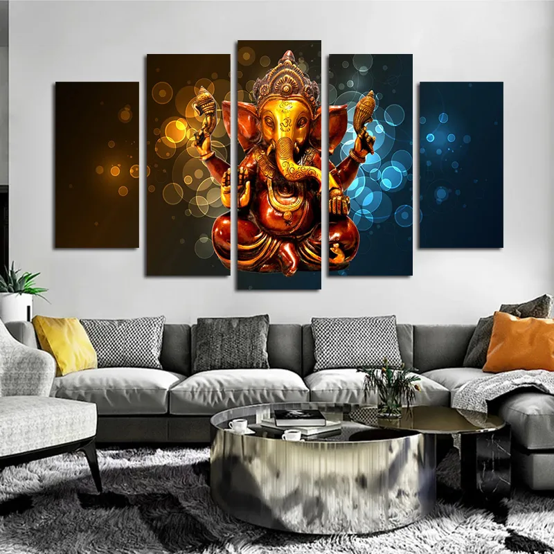 5 Panels Lord Ganesha Home Docor Elephant Posters och tryck Kanfasmålning Väggkonst Bilder för vardagsrum Väggdekor Buddha
