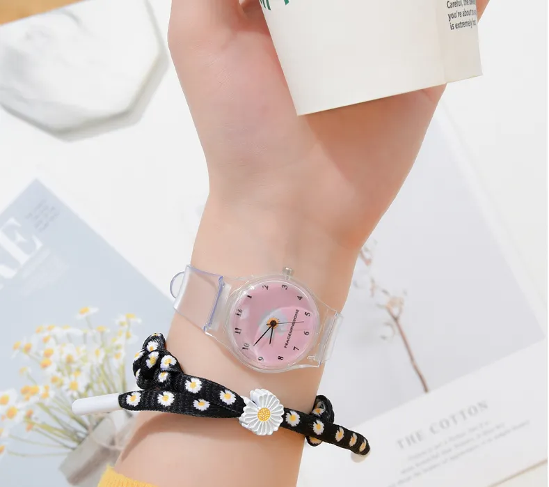 Petite montre à Quartz en forme de marguerite pour étudiantes et filles, montre-bracelet en Silicone avec chrysanthème de dessin animé mignon, cadran rose, boucle ardillon, 254W