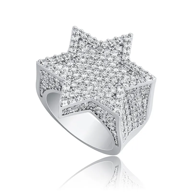 Nouveau hexagone étoile couleur argent bleu glacé cubique Zircon avec pierres latérales anneaux Micro pavé diamant Hip Hop bijoux pour cadeaux 248G