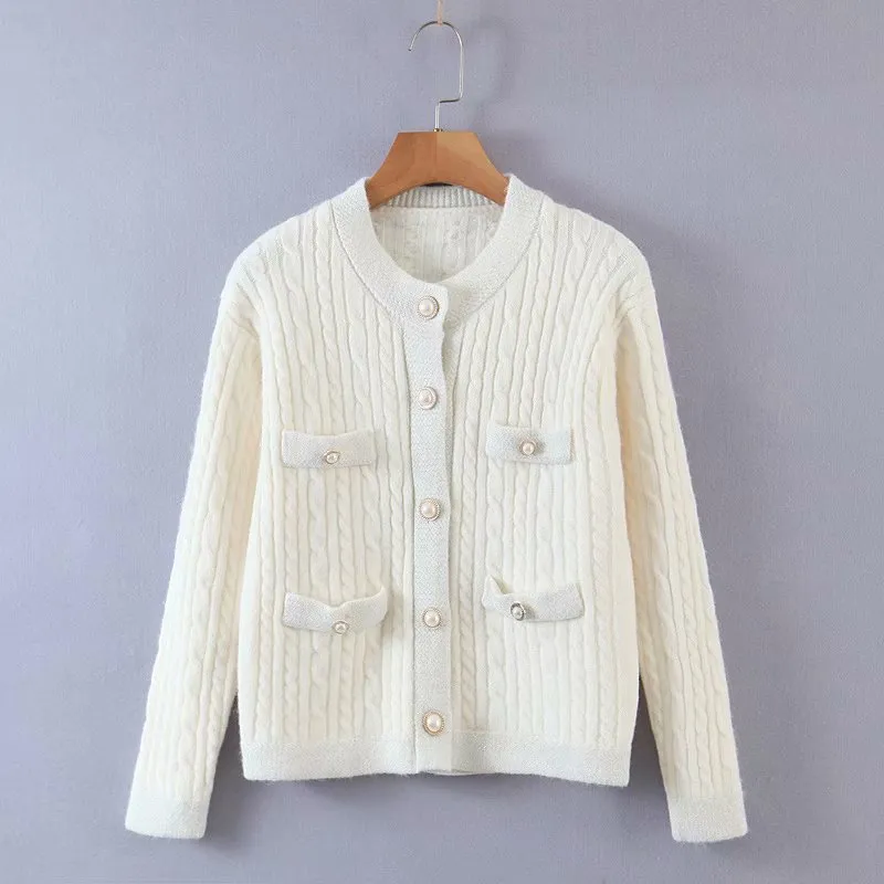 Elegant Women Pearl Button Sweater Fashion Ladies Pocket Knitted Cardigan Sweet Female Streetwear O-Neck Loose Blouse 210427