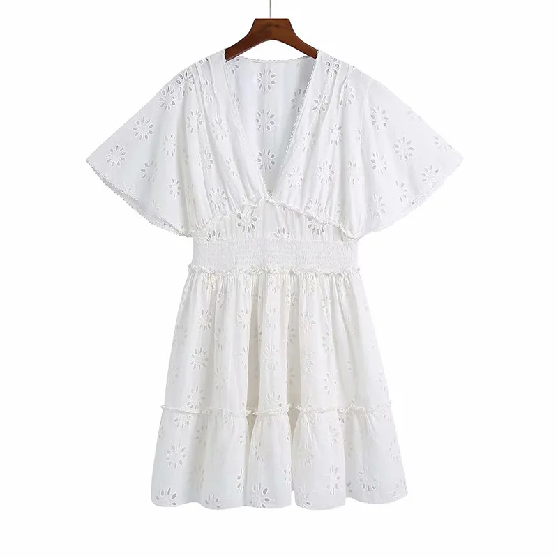 Vrouwen zomer casual elegante mini jurk za korte mouw holle v-hals vrouwelijke witte partij straat voering jurken vestidos 210513