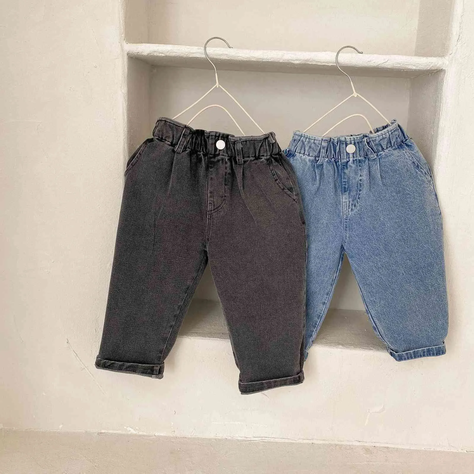 Çocuklar Unisex Gevşek Yüksek Bel Kot Erkek Ve Kız Geniş Bacak All-Match Denim Pantolon 210508