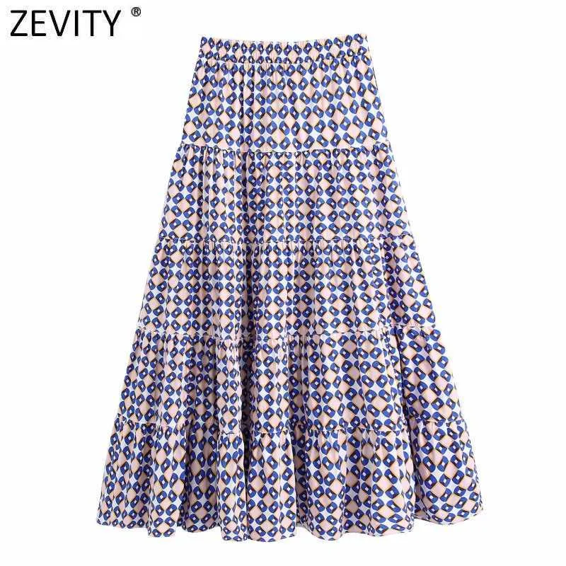 Zevity femmes Vintage imprimé géométrique plis décontracté jupe mi-longue Faldas Mujer femme taille élastique poches une ligne Vestidos QUN792 210603